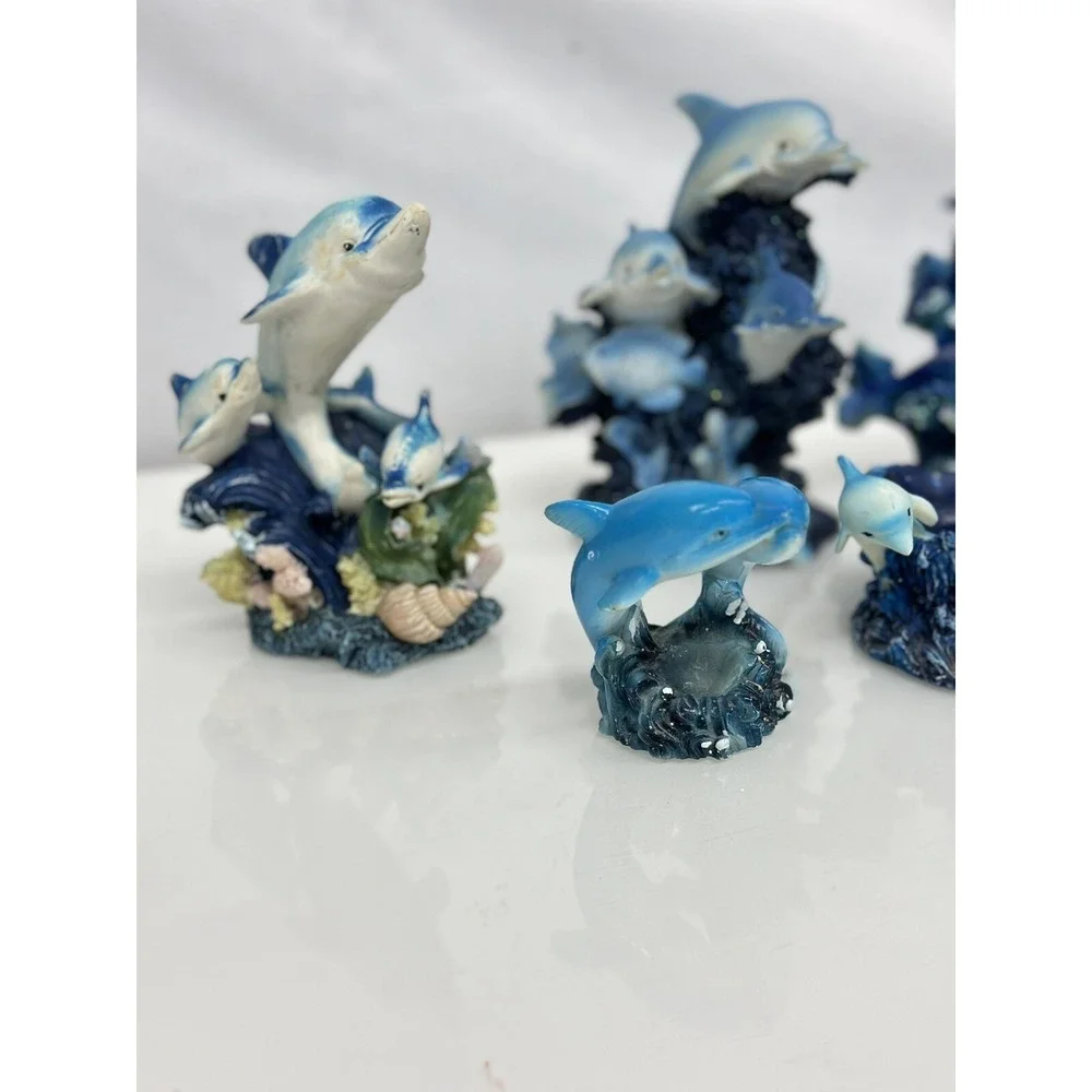Marine Sea Ocean Set of 7 Blue Dolphins Swimming Over Giant Reef Waves Figurine